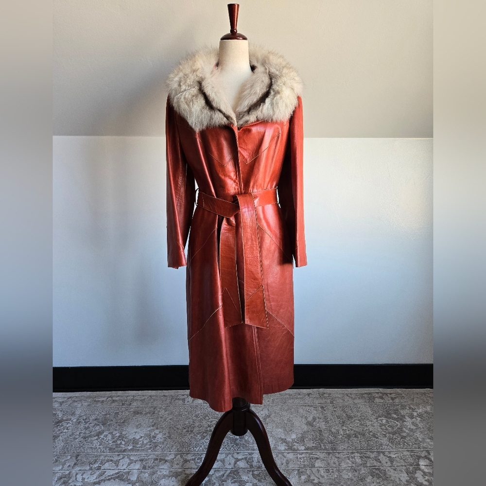 Napa Y Ante Skin Gear 1970s Patchwork Brown Leather Trench with Coyote Fur